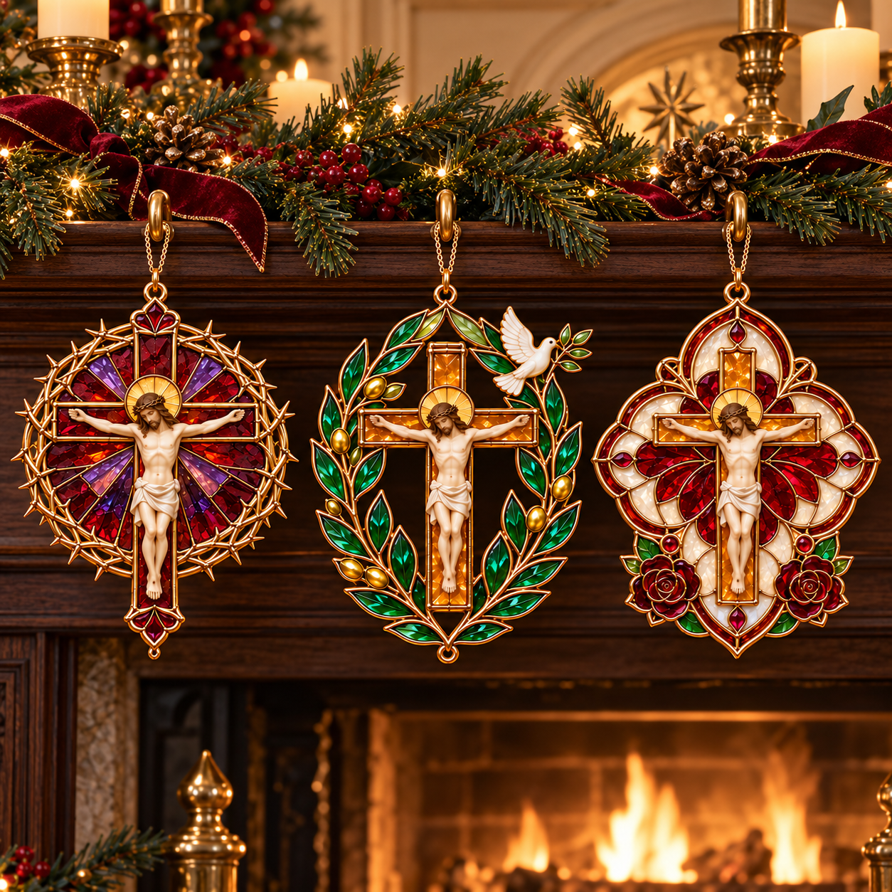 2026 Sacred Light — Vintage Stained Glass–Style Crucifix Christmas Ornaments 