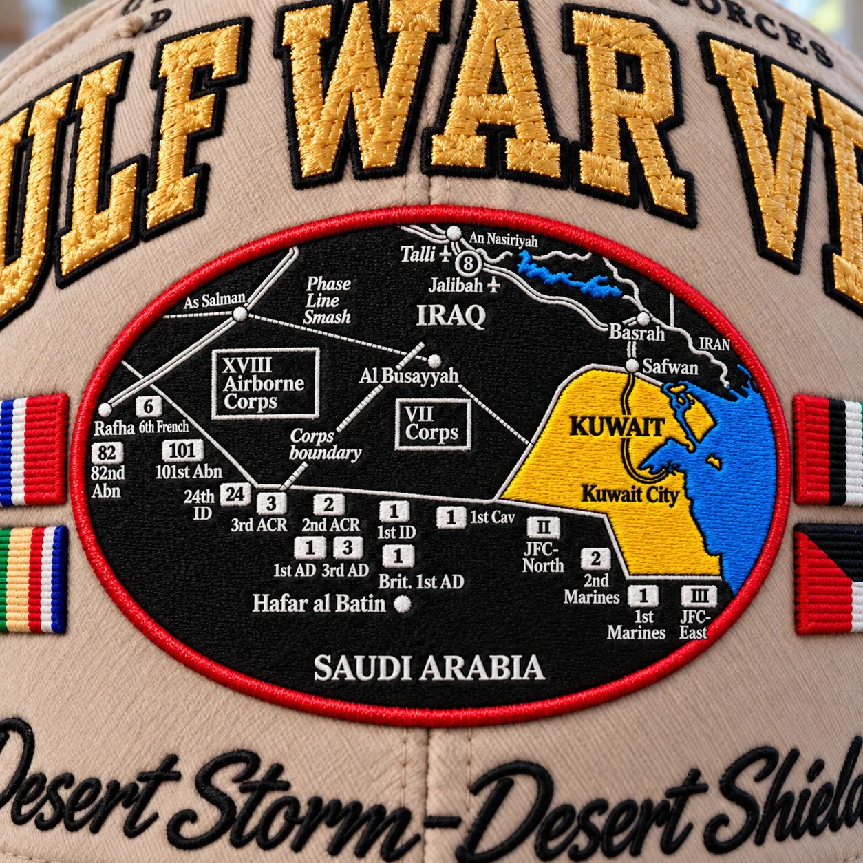 Desert Storm battlefield map embroidered on the veteran cap showing XVIII Airborne Corps, VII Corps and Marine Divisions