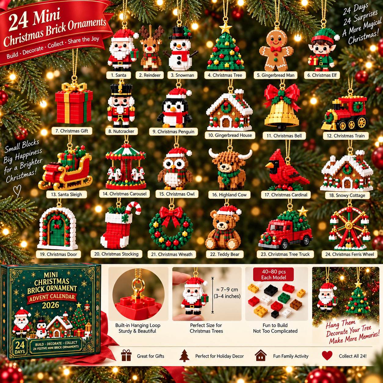 24-Day Mini Christmas Brick Ornament Advent Calendar 