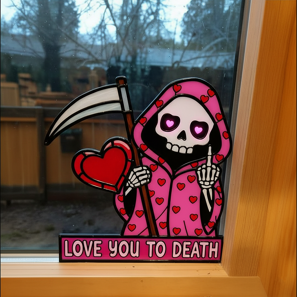"Love You To Death" Pink Reaper Window Corner – The Ultimate Cheeky Valentine’s Decor