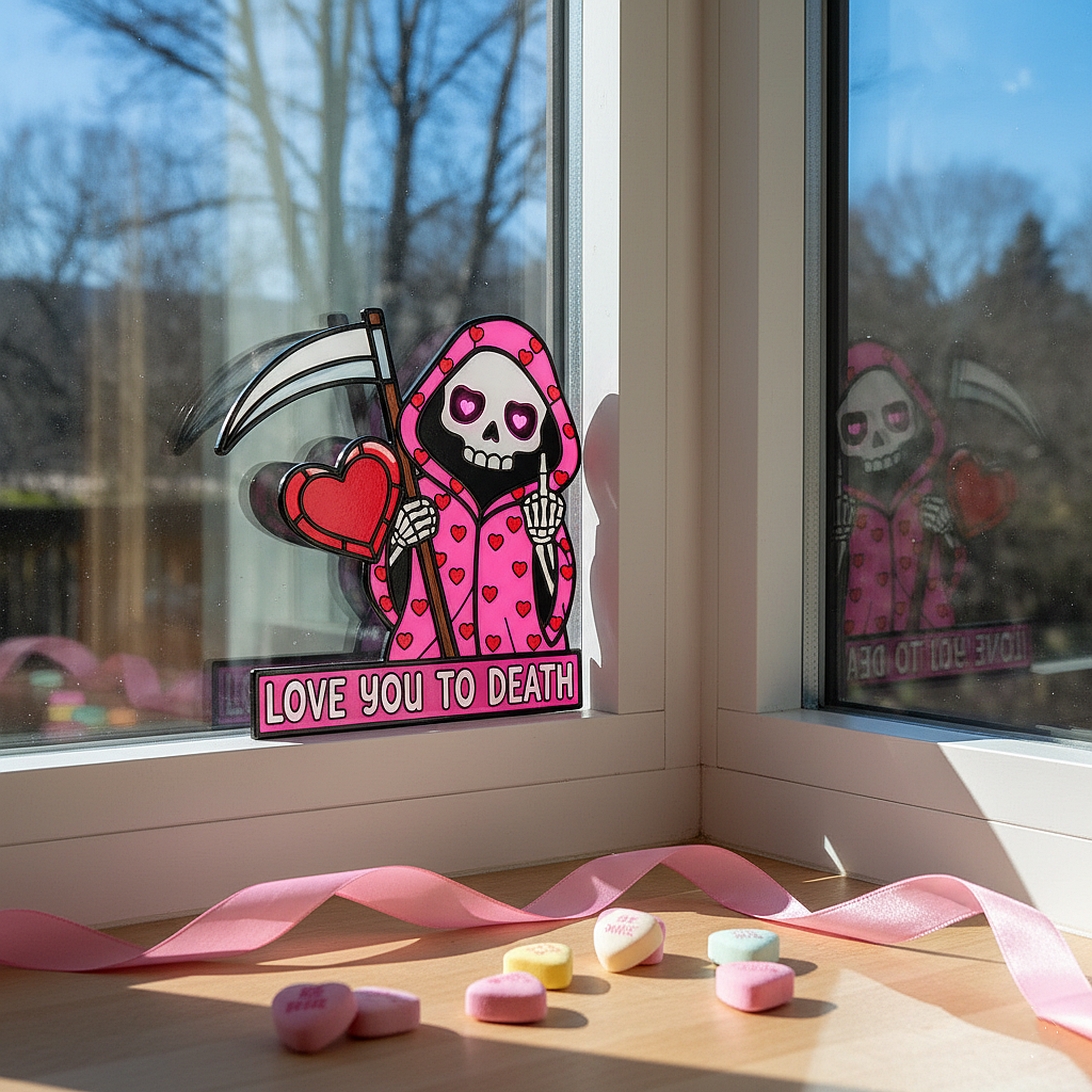 "Love You To Death" Pink Reaper Window Corner – The Ultimate Cheeky Valentine’s Decor