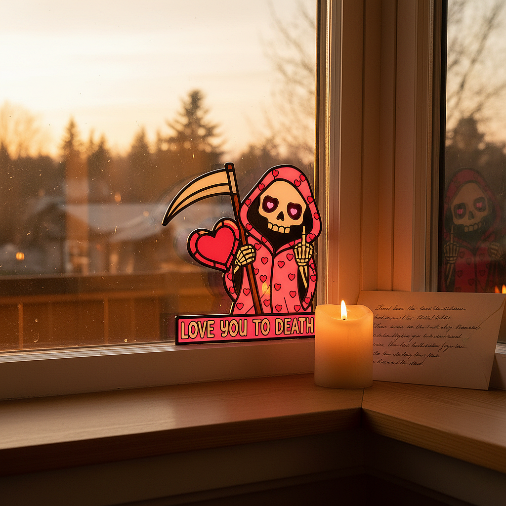 "Love You To Death" Pink Reaper Window Corner – The Ultimate Cheeky Valentine’s Decor