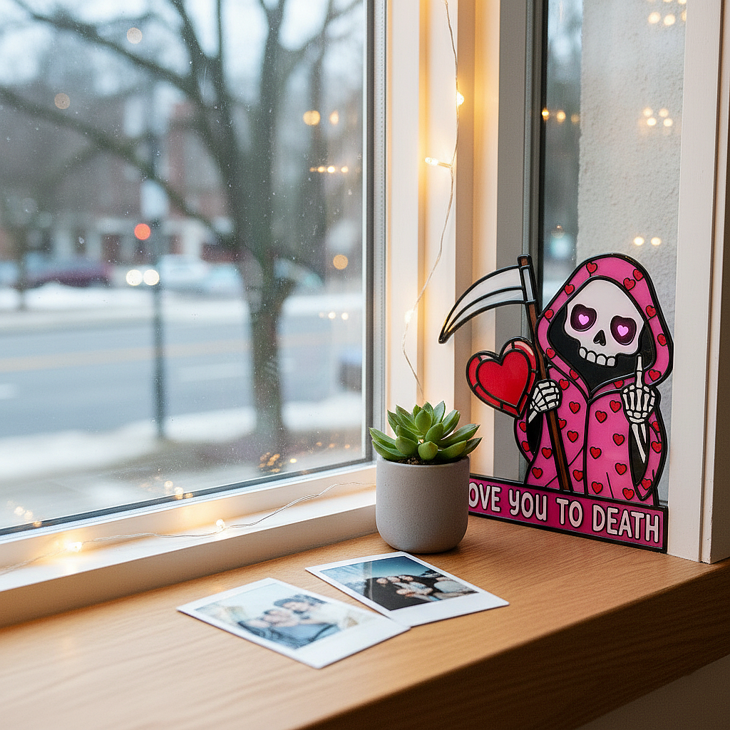 "Love You To Death" Pink Reaper Window Corner – The Ultimate Cheeky Valentine’s Decor