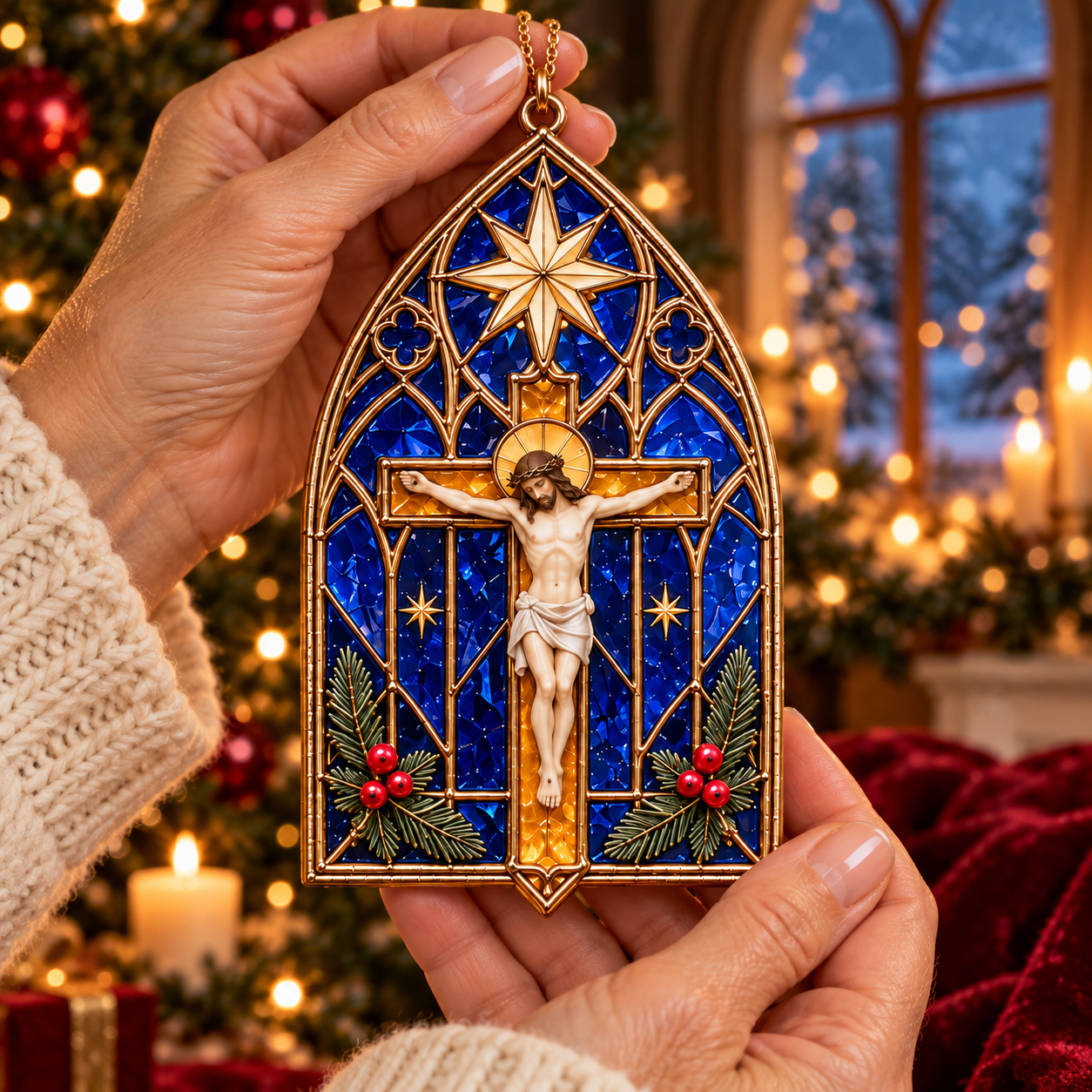 2026 Sacred Light — Vintage Stained Glass–Style Crucifix Christmas Ornaments 