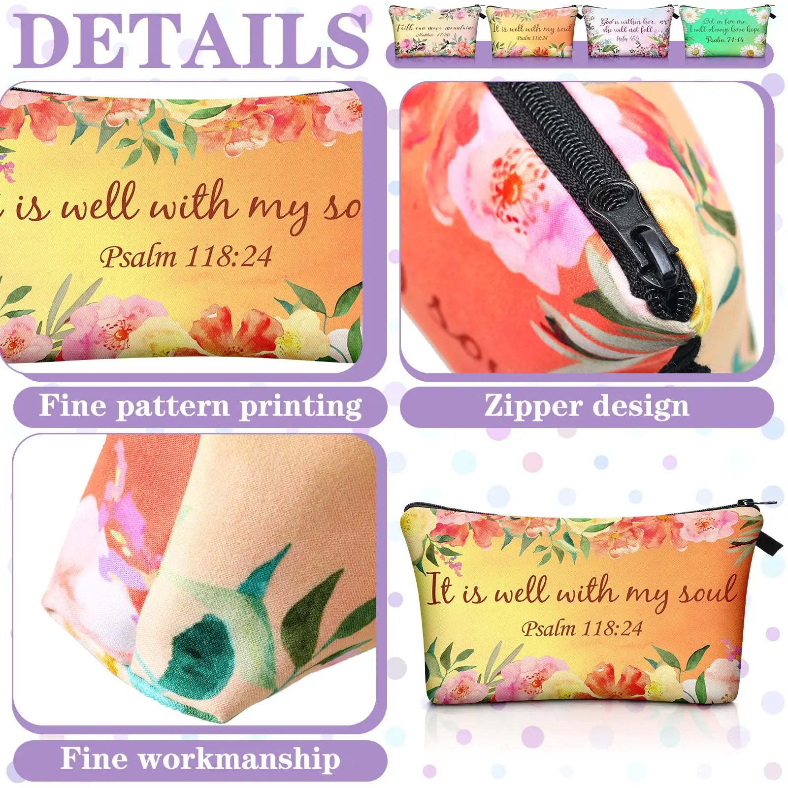 Christian Makeup Bag Gift for Women Bulk Faith Pocket Bag with Bible Verse Floral Pattern