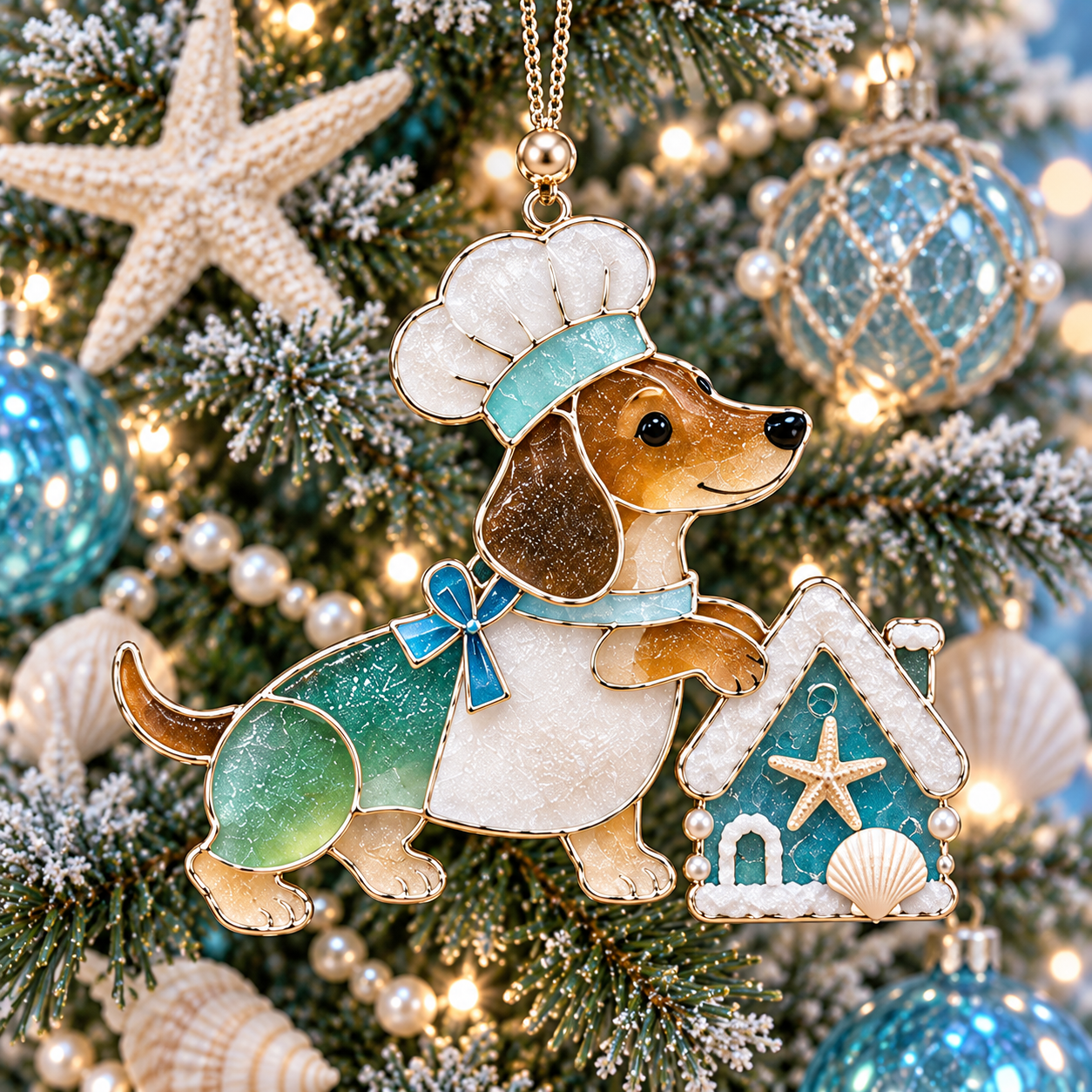Coastal Christmas Dachshund Ornament Set