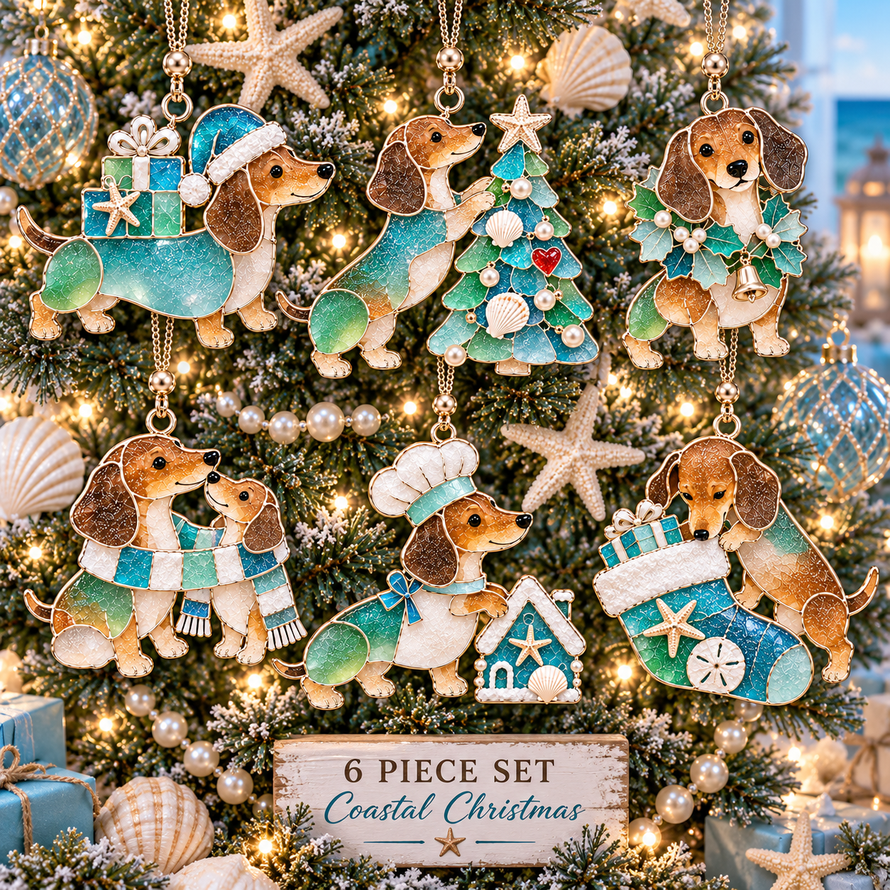 Coastal Christmas Dachshund Ornament Set