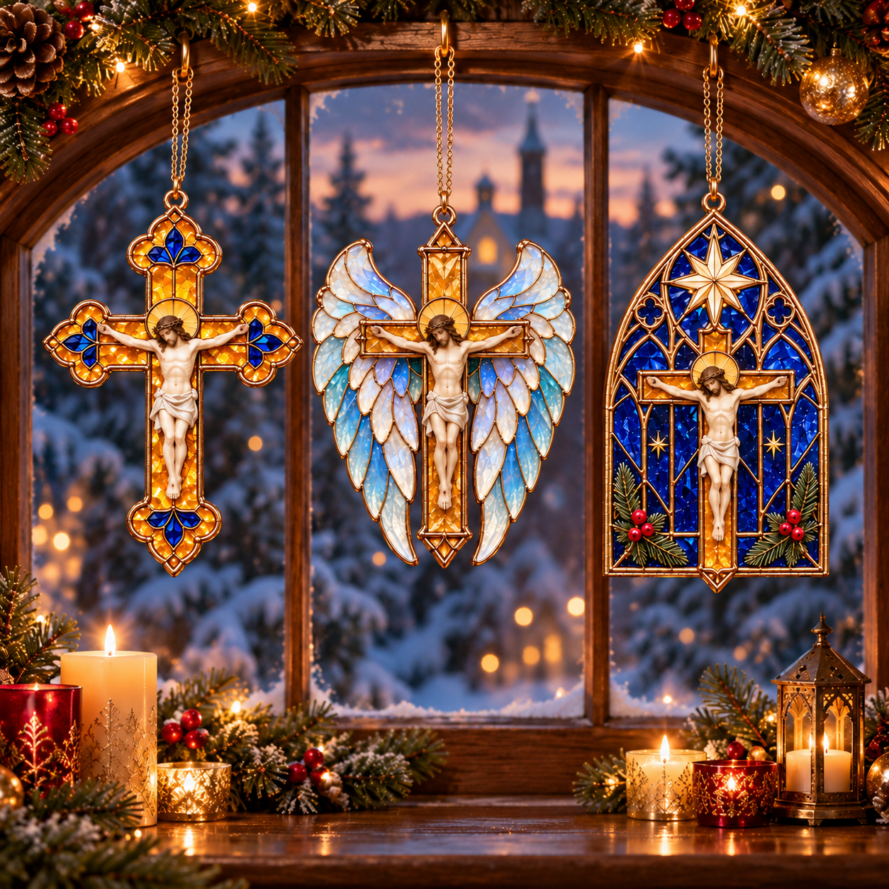 2026 Sacred Light — Vintage Stained Glass–Style Crucifix Christmas Ornaments 