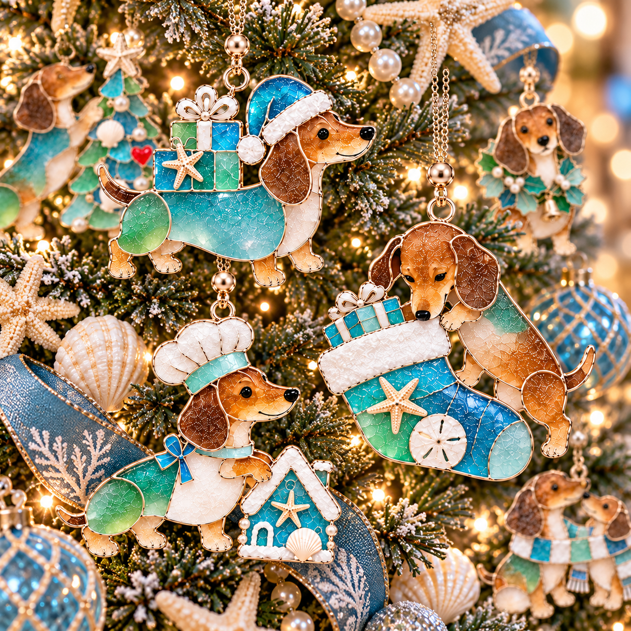 Coastal Christmas Dachshund Ornament Set