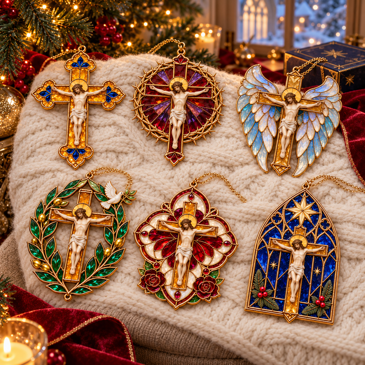 2026 Sacred Light — Vintage Stained Glass–Style Crucifix Christmas Ornaments 