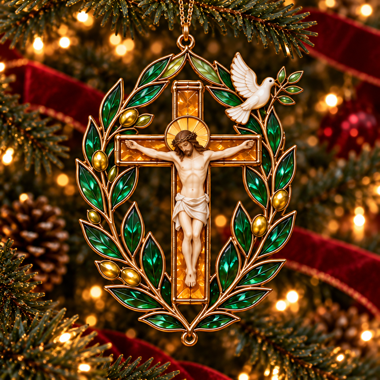 2026 Sacred Light — Vintage Stained Glass–Style Crucifix Christmas Ornaments 