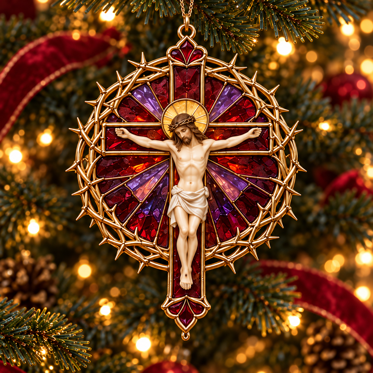 2026 Sacred Light — Vintage Stained Glass–Style Crucifix Christmas Ornaments 