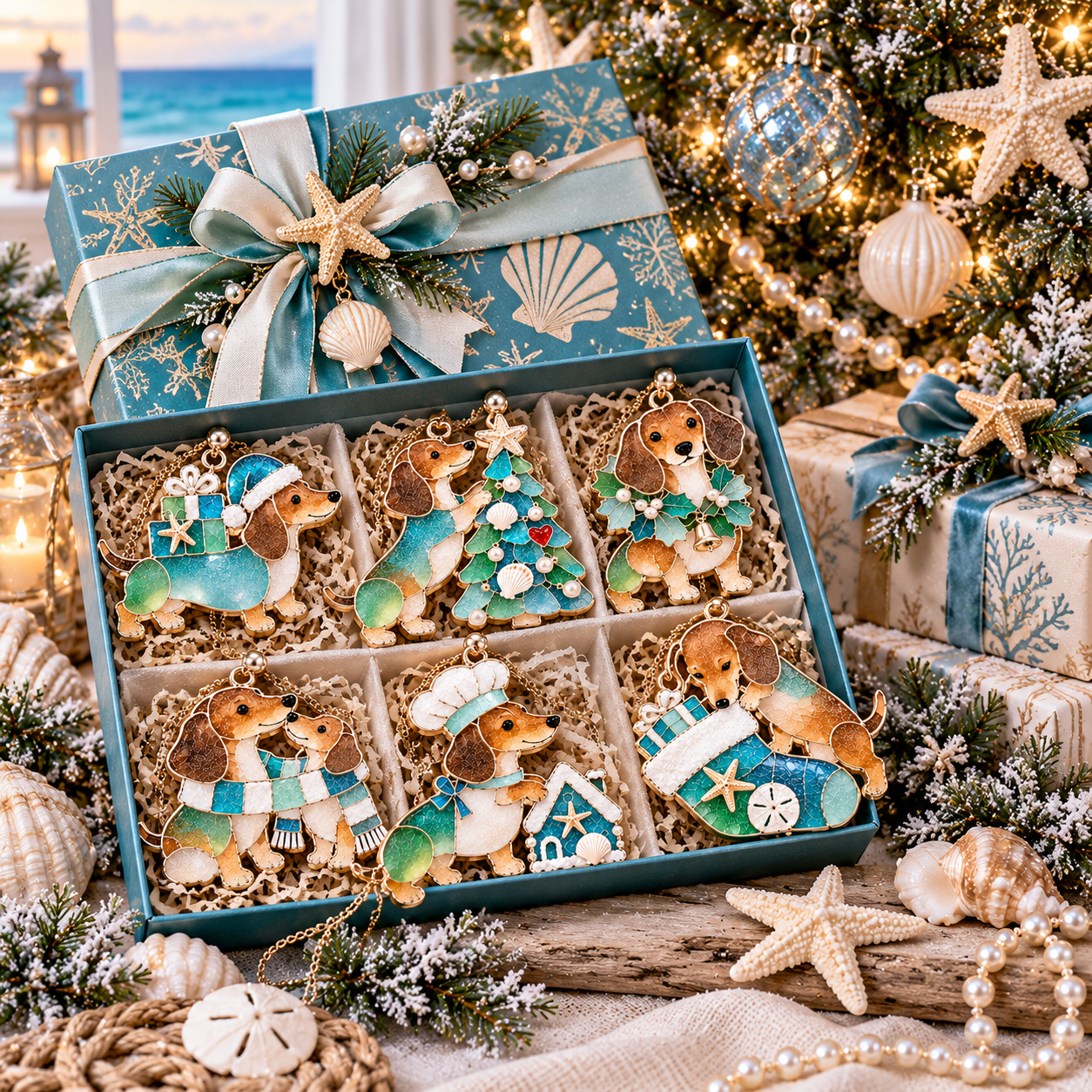 Coastal Christmas Dachshund Ornament Set