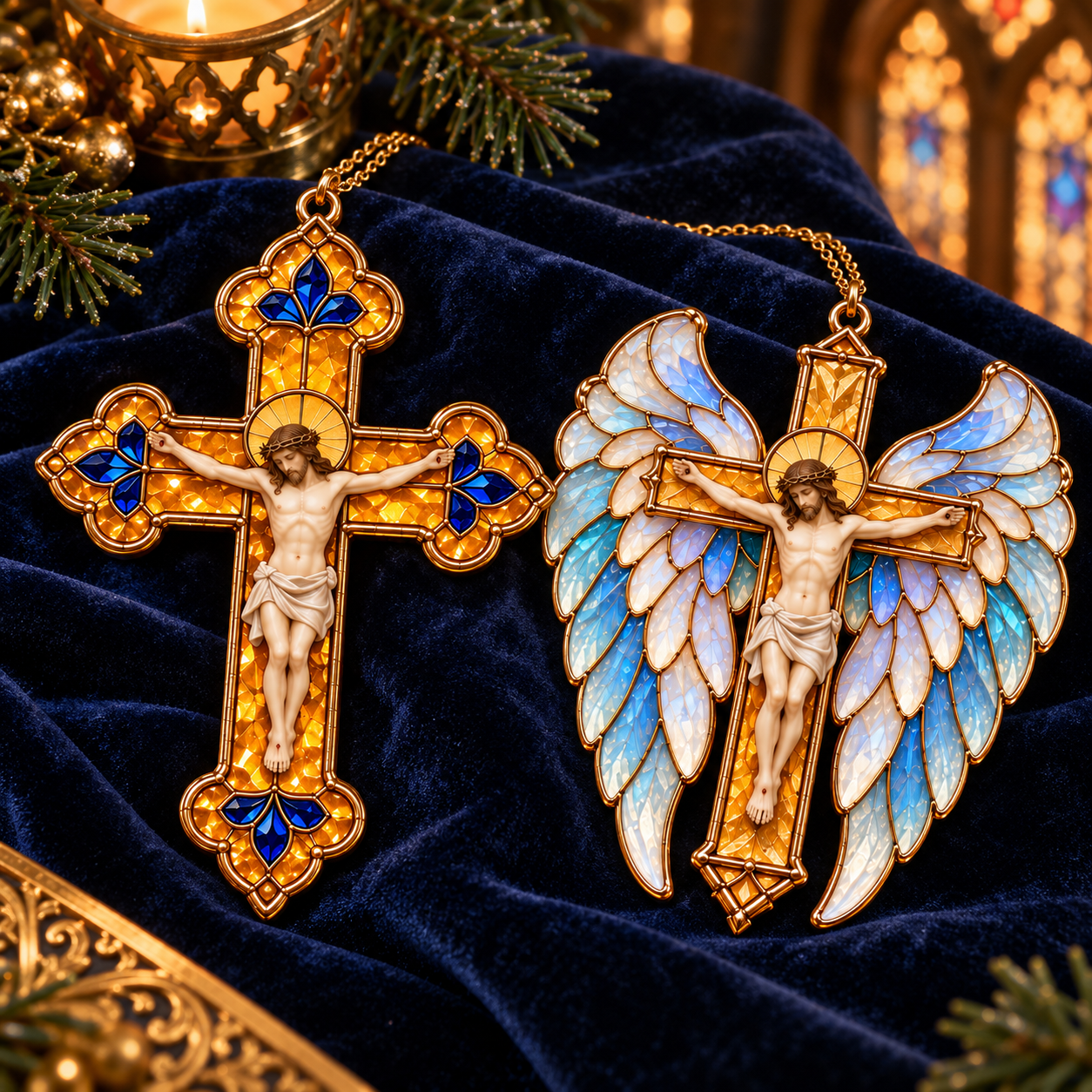 2026 Sacred Light — Vintage Stained Glass–Style Crucifix Christmas Ornaments 