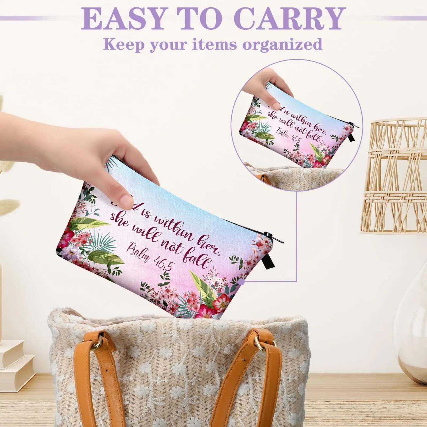 Christian Makeup Bag Gift for Women Bulk Faith Pocket Bag with Bible Verse Floral Pattern