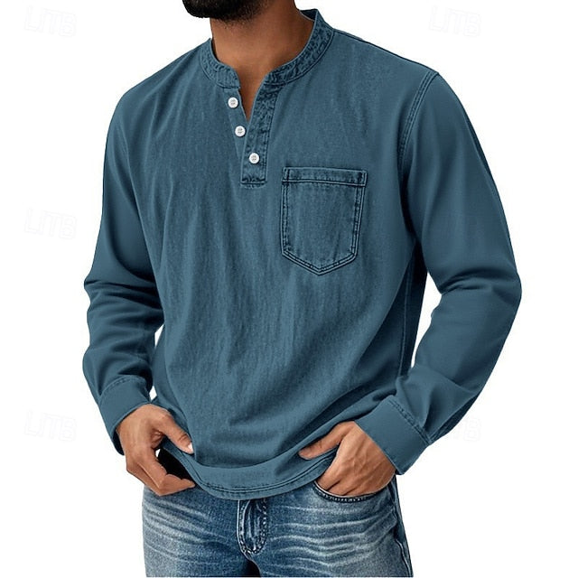 Men's Acid Wash Cotton Tank – long-Sleeve Henley with Pocket & Buttons