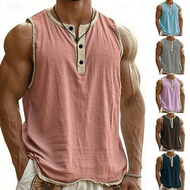 Men's Sleeveless Henley Top – Buttons, Soft Cotton, Perfect for Beach or Street