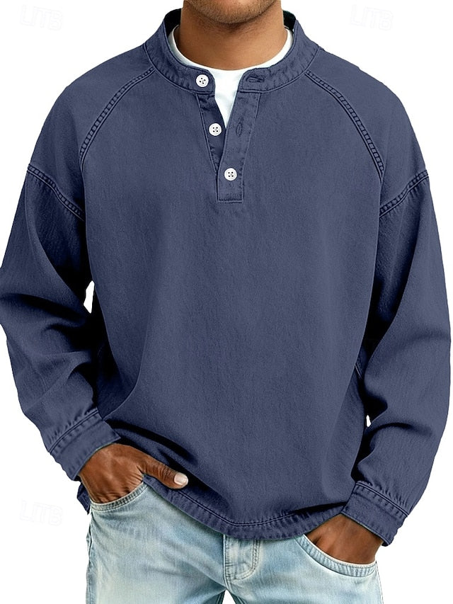 Men's 100% Cotton Acid Wash Long Sleeve Henley Shirt 