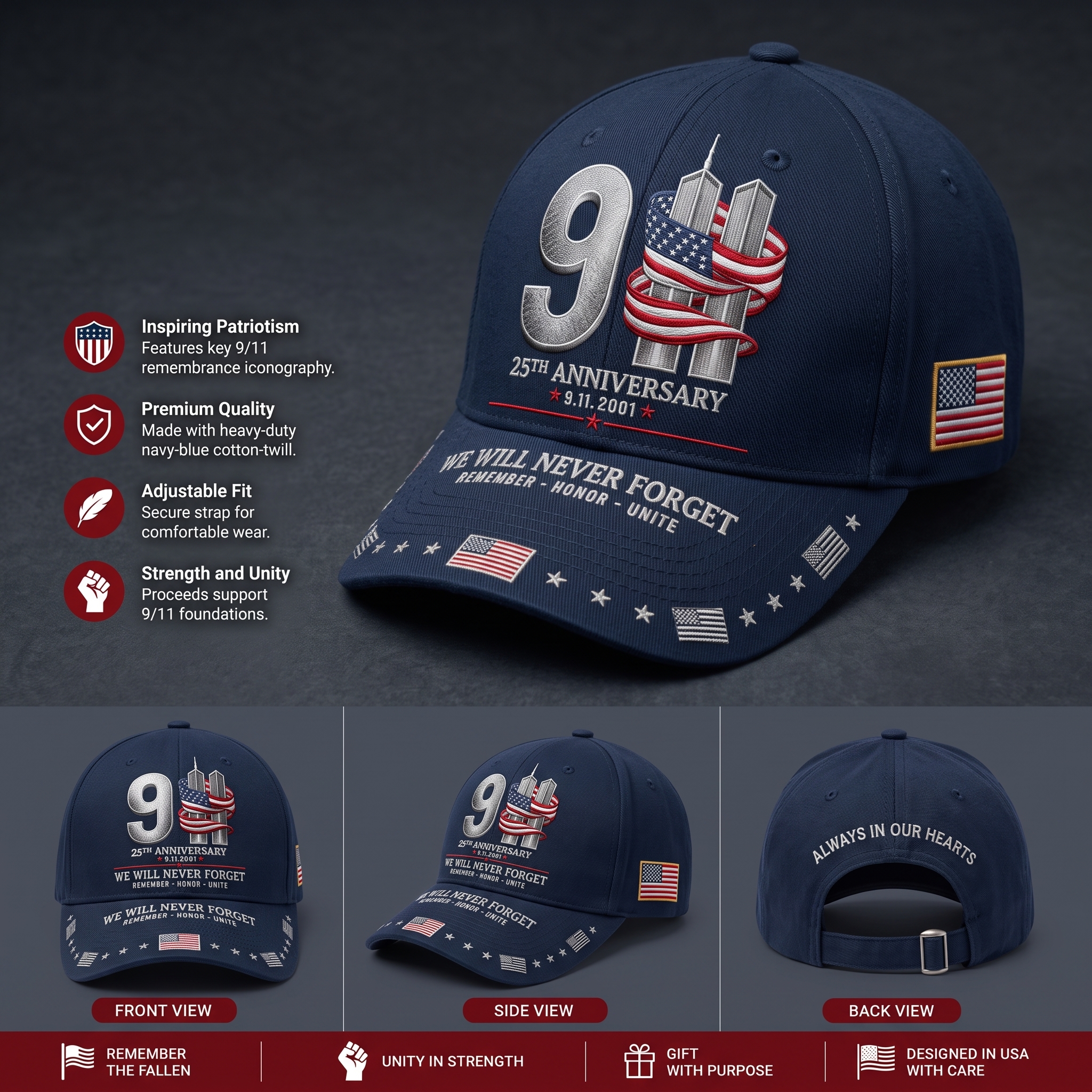 9/11 25th Anniversary We Will Never Forget Embroidered Memorial Baseball Cap