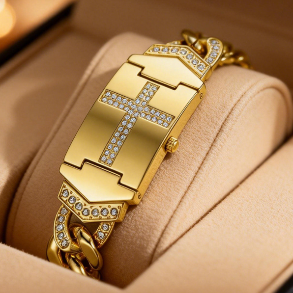 🙏⌚Sparkling Crystal Cross Watch—Geometric Rectangular Dial, Premium Metal Strap💎
