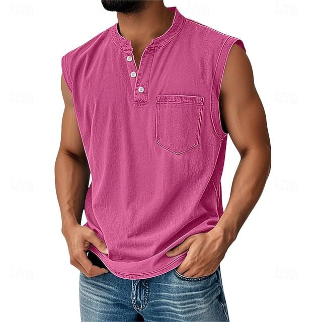 Men's Acid Wash Cotton Tank – Sleeveless Henley with Pocket & Buttons
