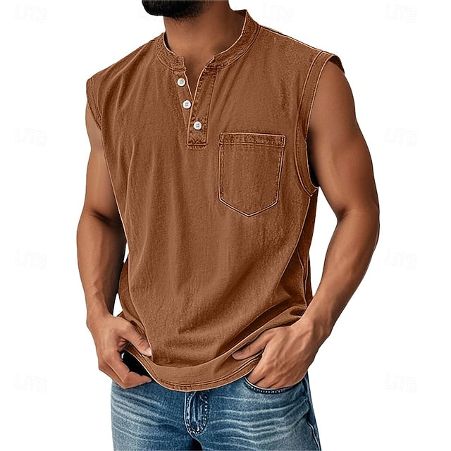 Men's Acid Wash Cotton Tank – Sleeveless Henley with Pocket & Buttons