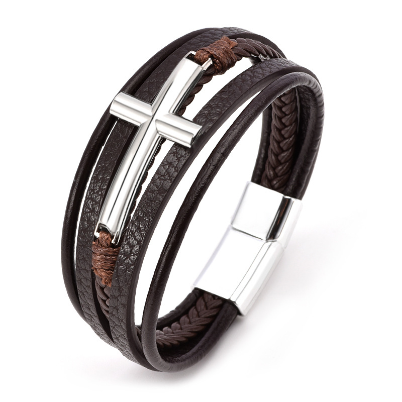 Amazon Cross Border Leather Bracelet Men's Multi Layer Leather Rope Woven Bracelet Stainless Steel Men's Alloy Bracelet