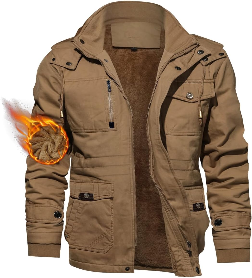 TACVASEN Men's Winter Jacket Cotton Military Jackets Fleece Lined Thick Work Coats Warm Cargo Jackets with Hooded