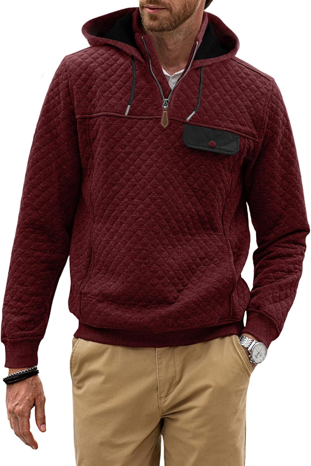 Men's Quilted Hoodies Casual Long Sleeve Quarter-Zip Pullover Sweatshirt with Pockets