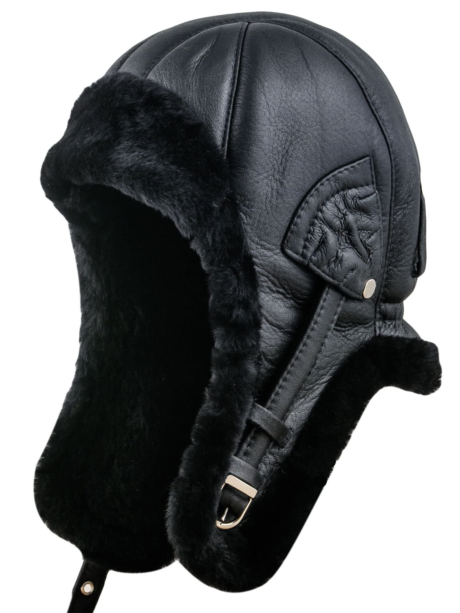 Genuine Shearling Leather Aviator Cap | Warm Natural Leather Trapper Hat
