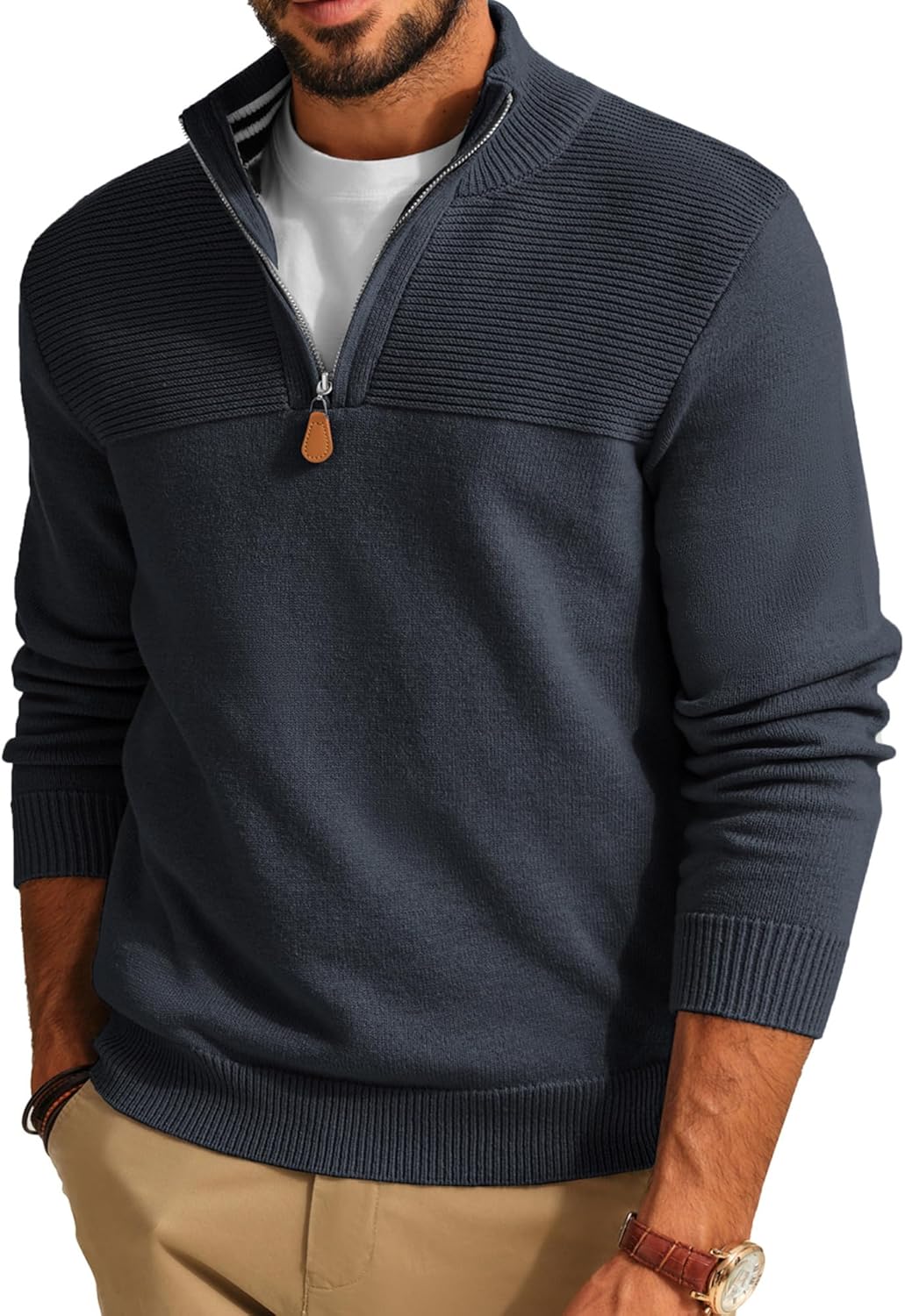Men's Quarter Zip Sweater Slim Fit Casual Pullover Sweater Mock Neck Polo Sweaters