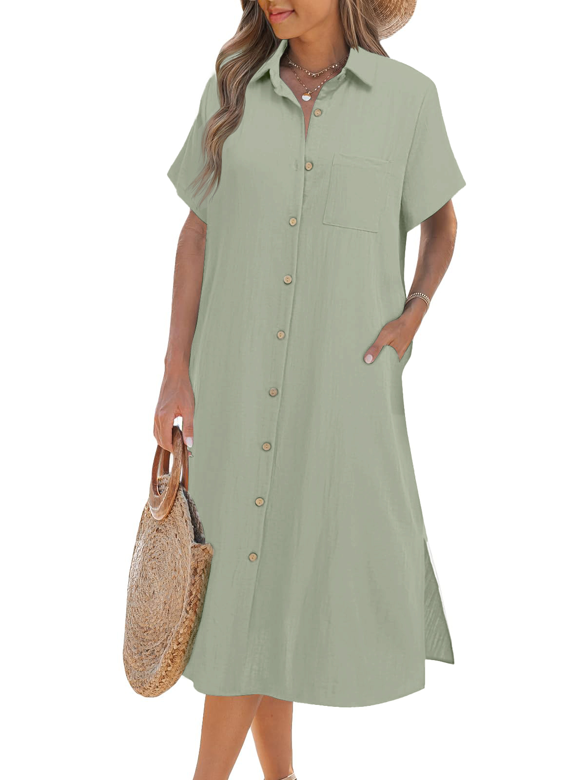 Women's Short Sleeve Button Shirt Dress 