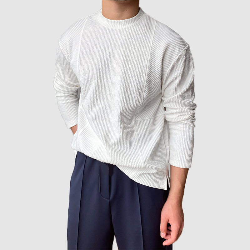 Men's pit strip round collar long sleeve simple casual bottom shirt T-shirt