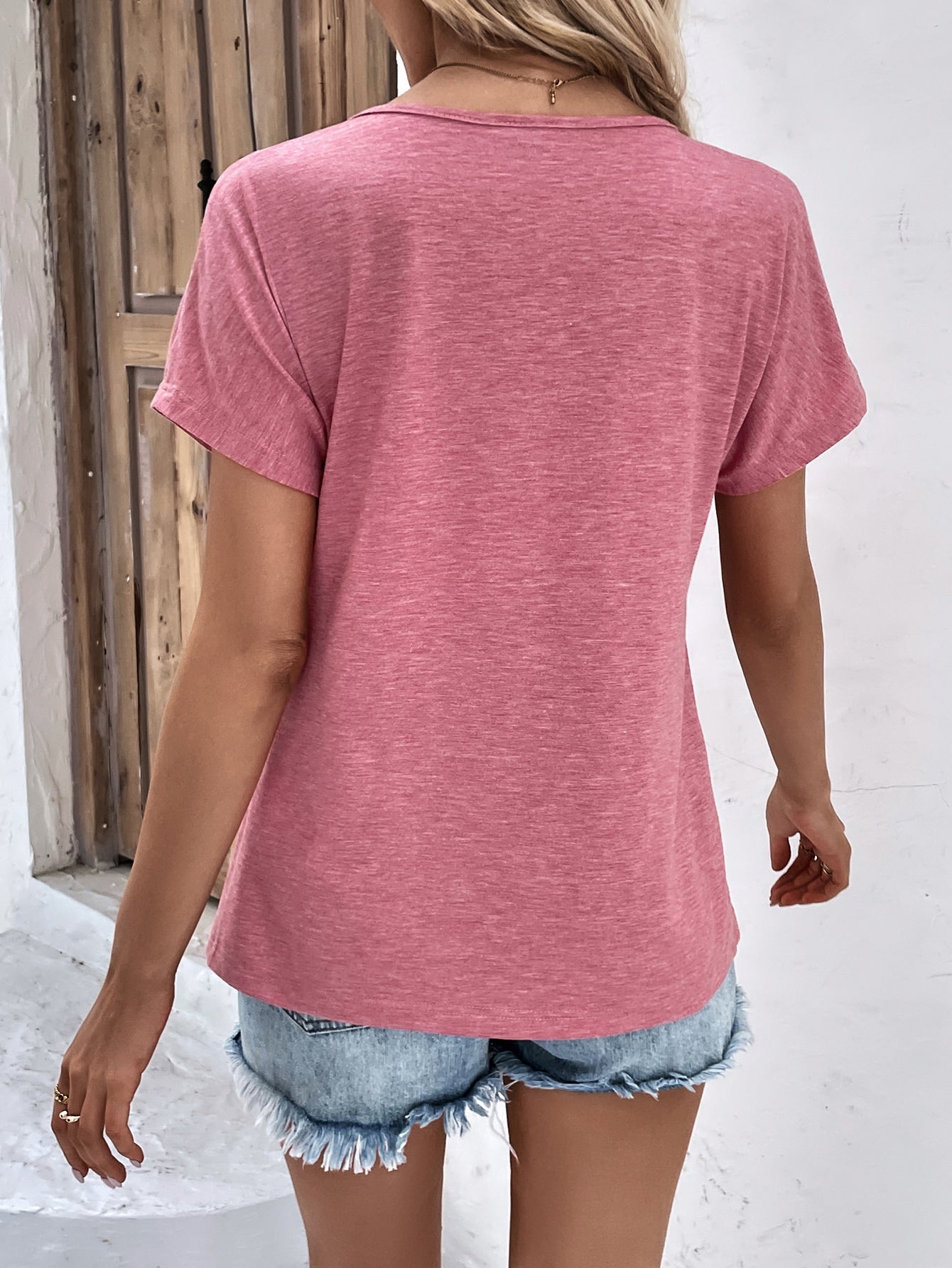 Button Detail V Neck Tee 