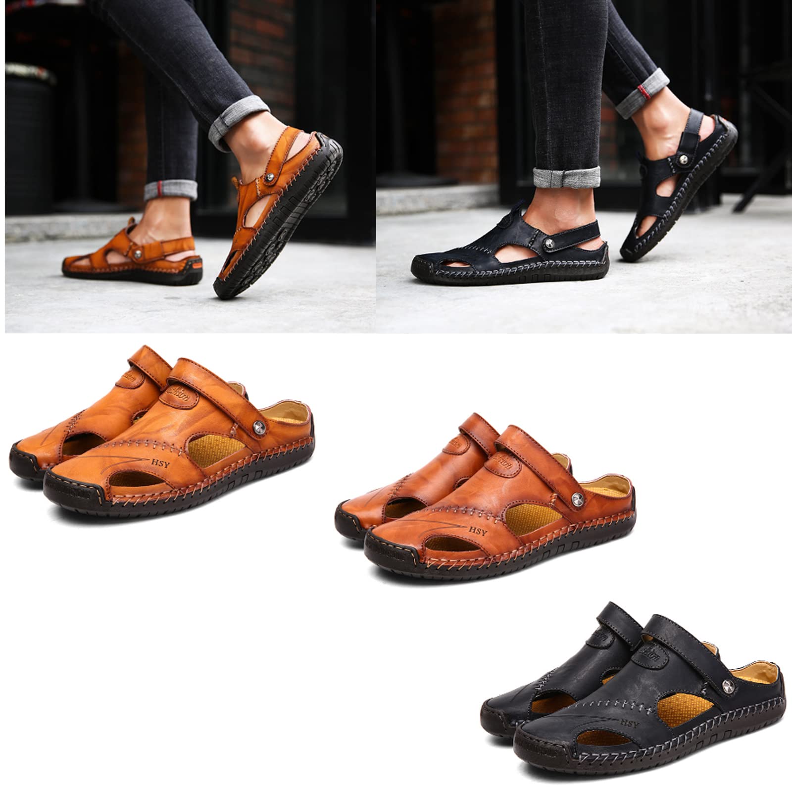 Men's Casual Closed Toe Leather Handmade Sandals - Leather Classic Sandals Slipper Outdoor