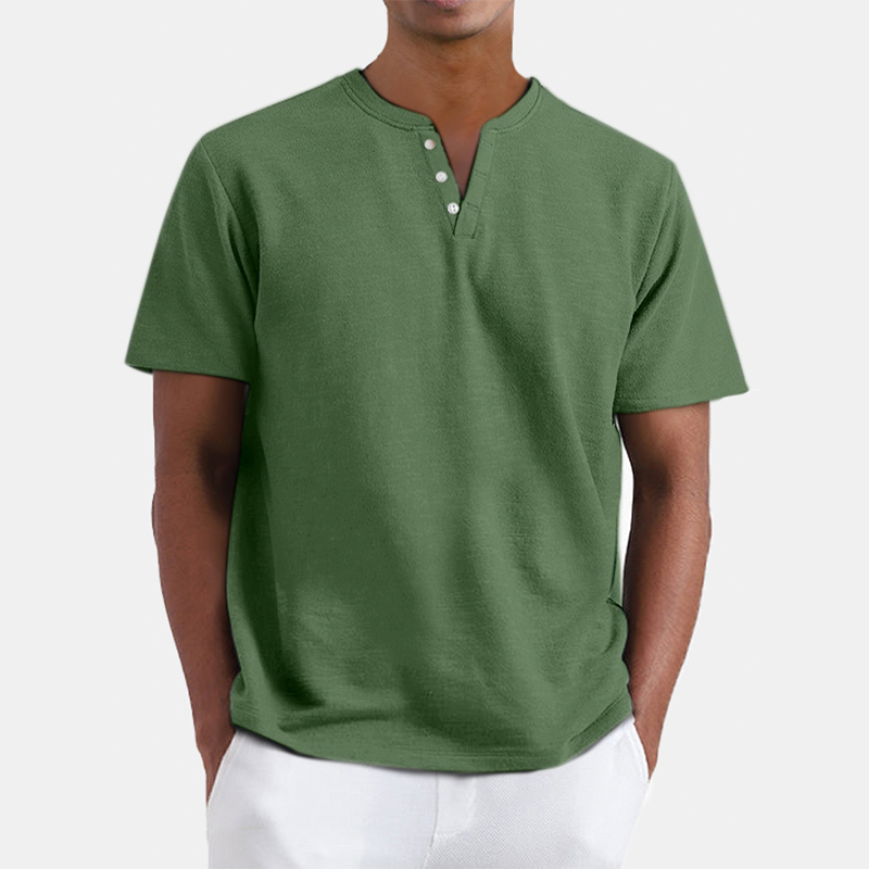 Men's Summer Solid Color Henley Short Sleeve T-shirt