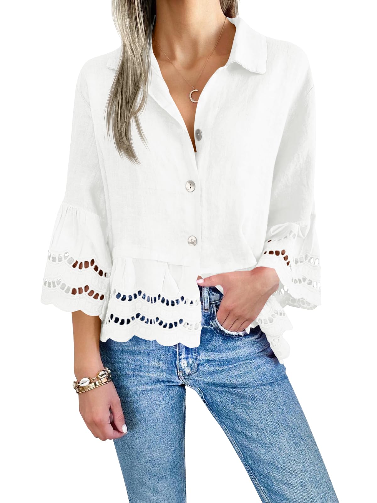 Women's Eyelet Lace Blouse Tops 