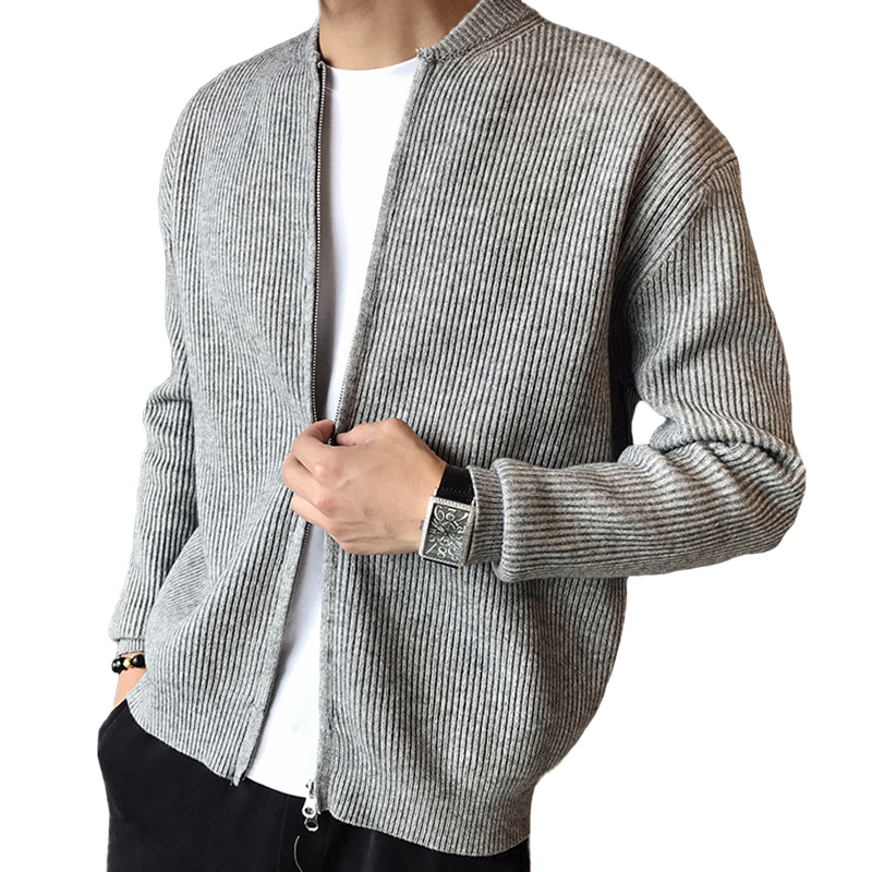 Men's New V-Neck Zipper Striped Cardigan Cashmere Sweater