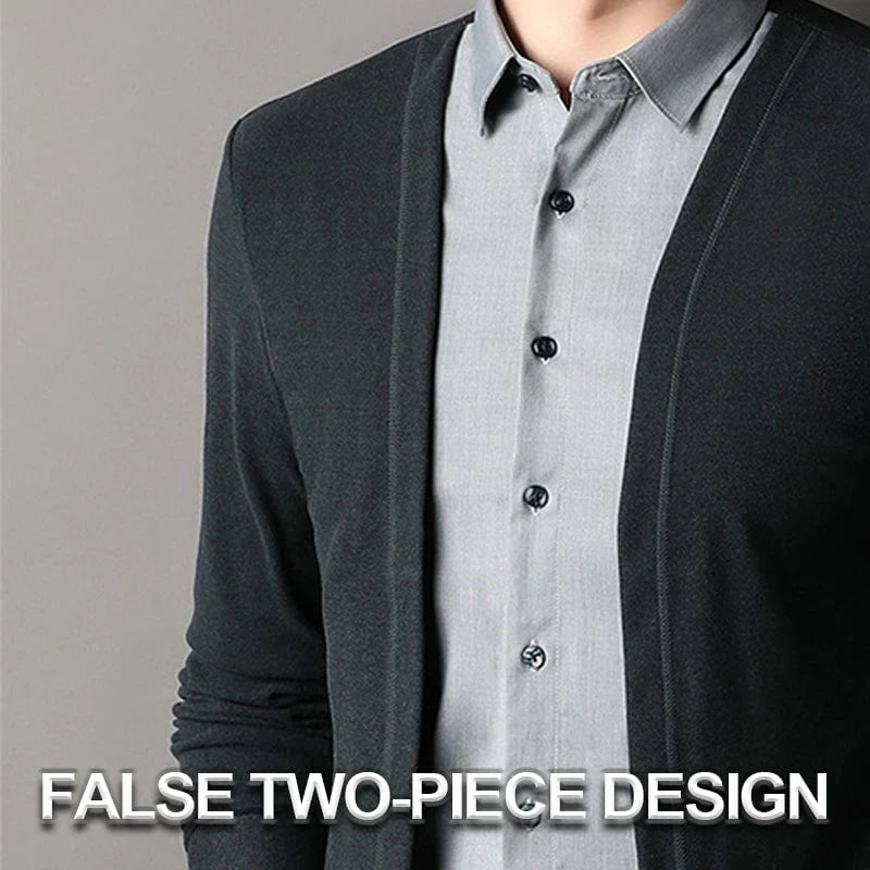 Men's Fake Two-Piece Knitted Cardigan with Shirt Collar