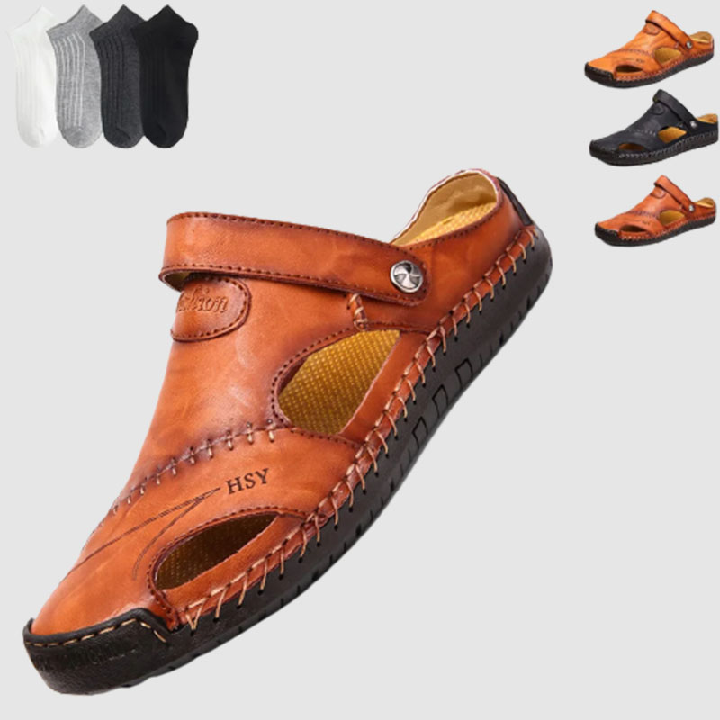 Men's Casual Closed Toe Leather Handmade Sandals - Leather Classic Sandals Slipper Outdoor