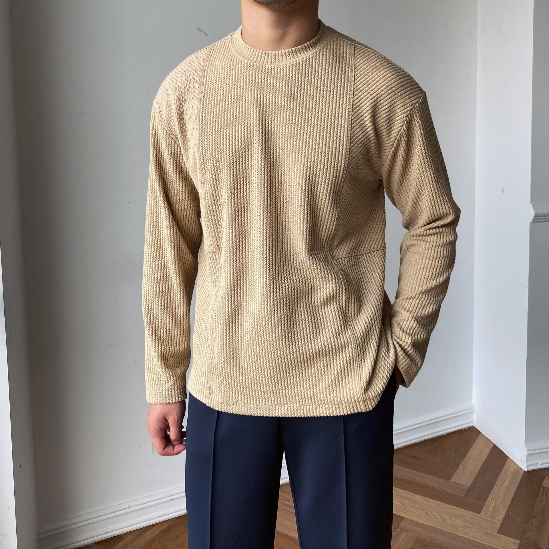 Men's pit strip round collar long sleeve simple casual bottom shirt T-shirt