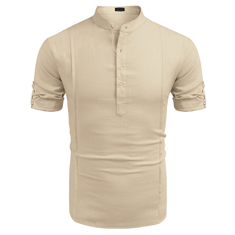 Men's Linen Cotton Henley Shirt Casual Beach Hippie Shirts Short Sleeve T Shirts