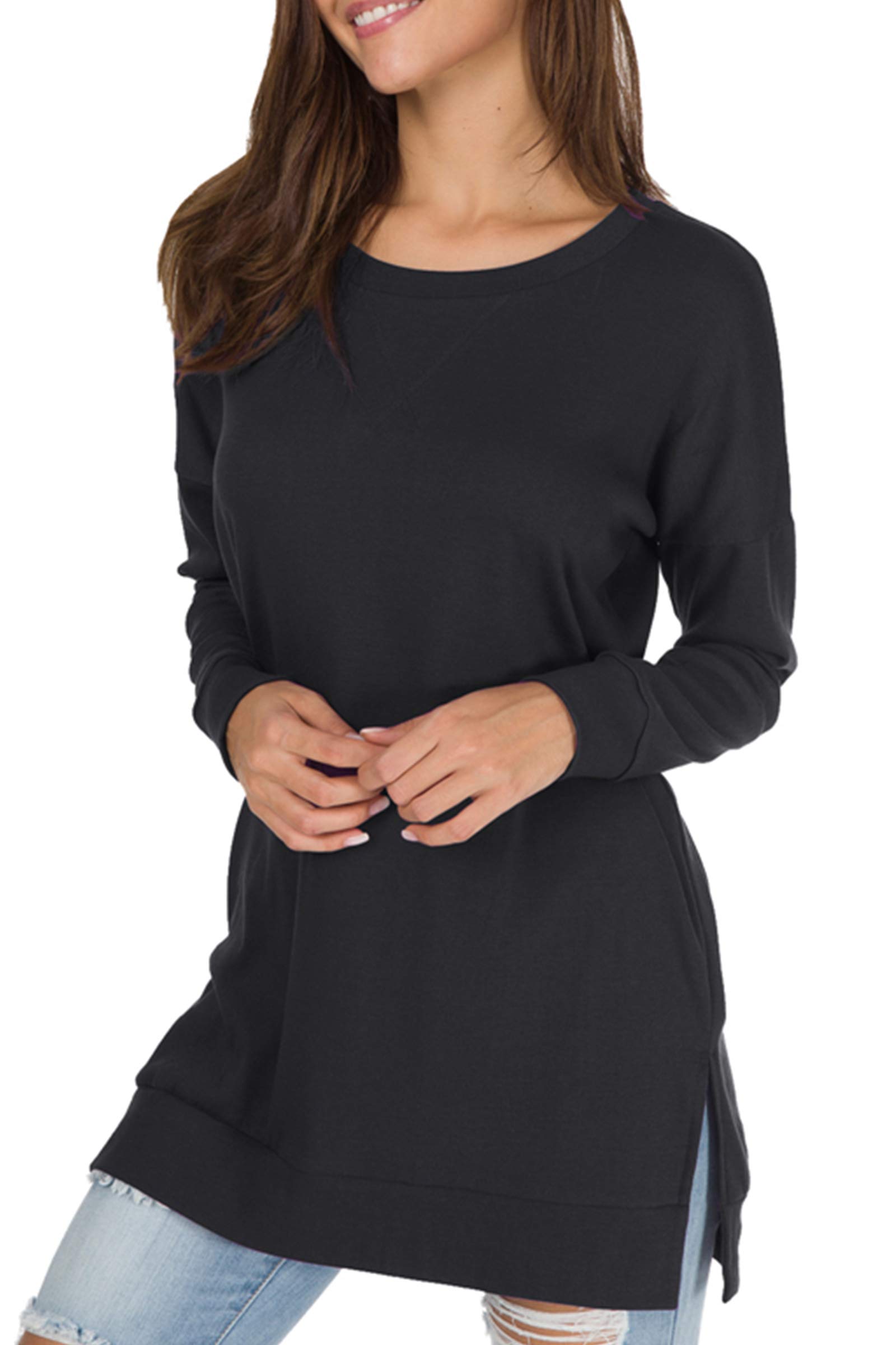 Women's Side Slit Loose Long Shirt Casual Tunic Top