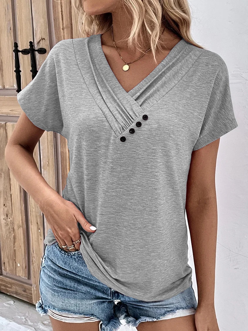 Button Detail V Neck Tee 
