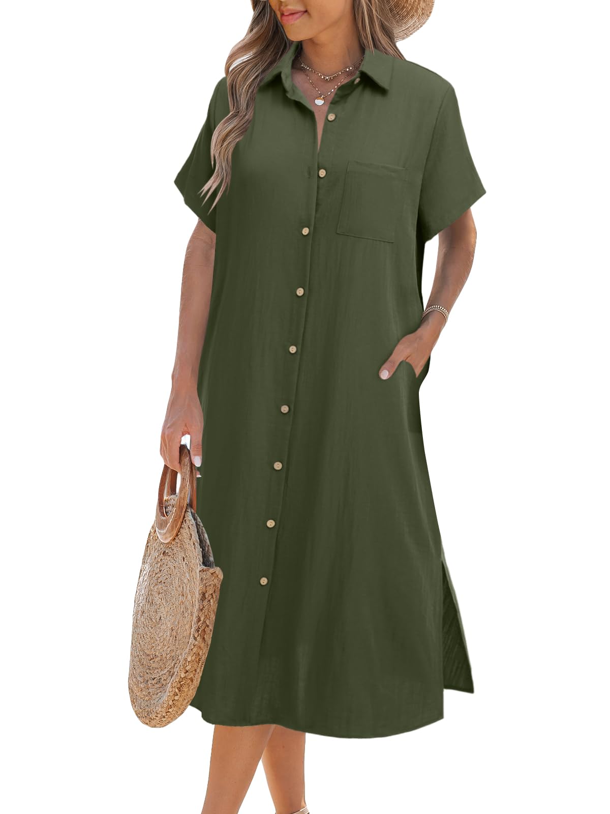 Women's Short Sleeve Button Shirt Dress 