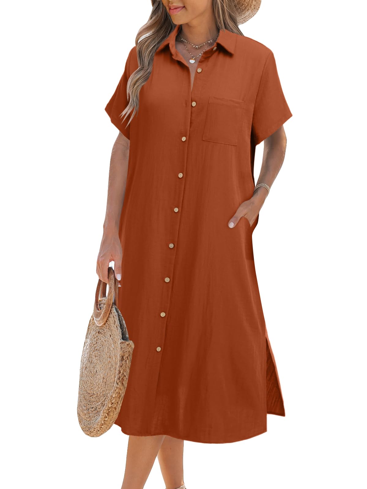 Women's Short Sleeve Button Shirt Dress 
