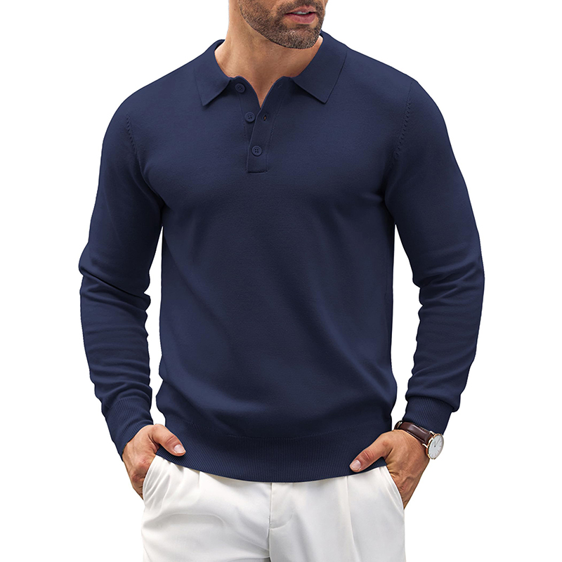 Mens Knit Casual Long Sleeve Classic Polo Shirts