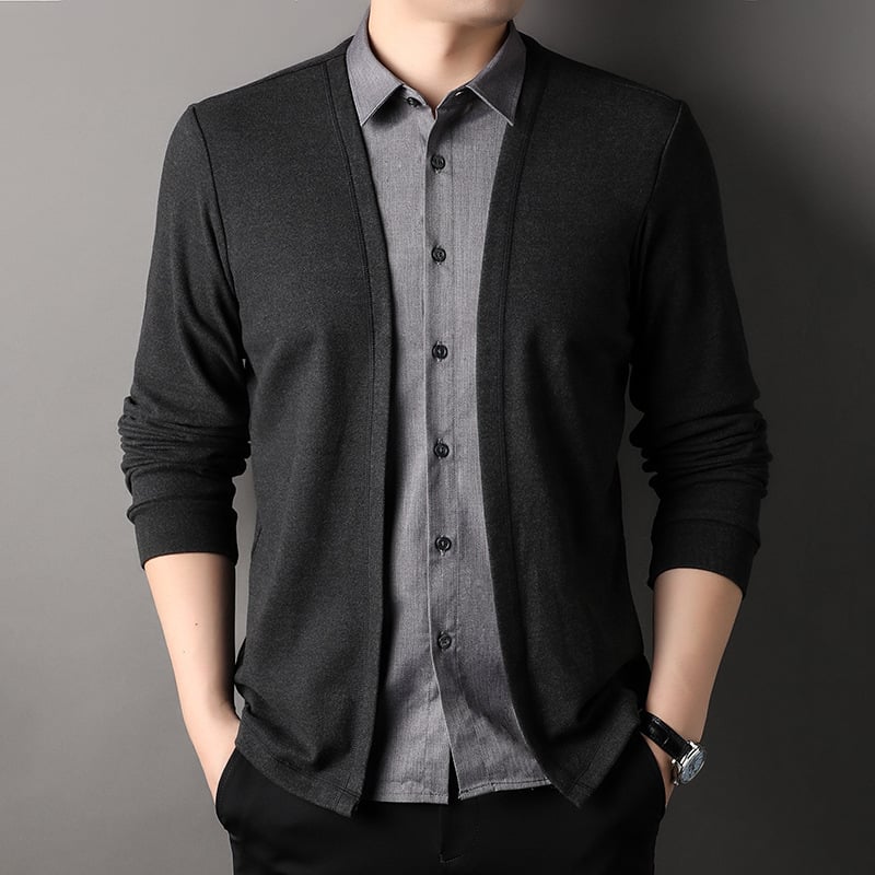 Men's Fake Two-Piece Knitted Cardigan with Shirt Collar