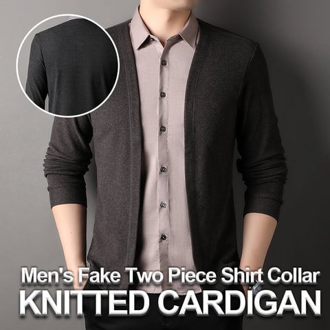 Men's Fake Two-Piece Knitted Cardigan with Shirt Collar