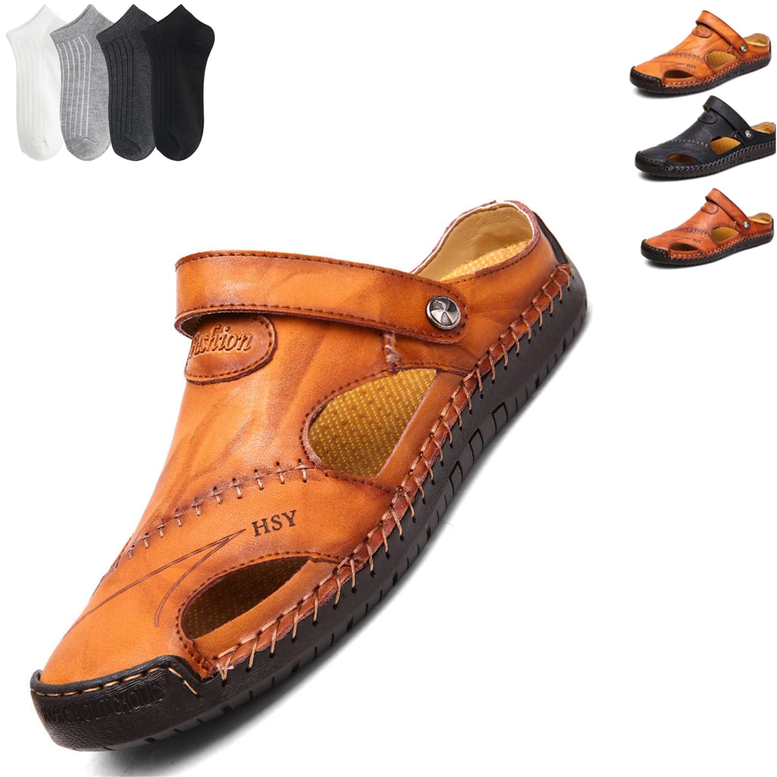 Men's Casual Closed Toe Leather Handmade Sandals - Leather Classic Sandals Slipper Outdoor